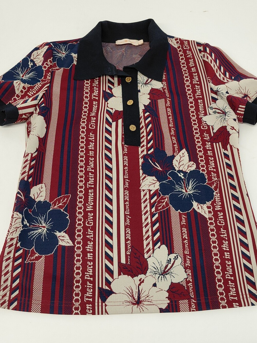 Tory Burch Women's Hawaiin Holiday Striped Polo Shirt - Small